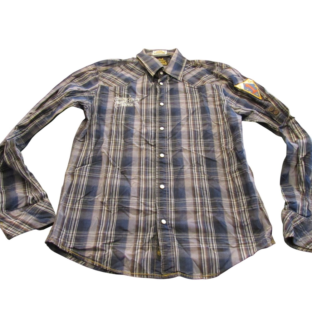 Scotch & Soda Mens Blue Plaid Western Snap‎ Shirt Eat Dirt Embroidery Patch S